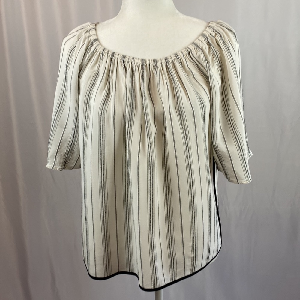 LOFT - Vertical Black & White Striped Blouse with Short Sleeves, Size S.